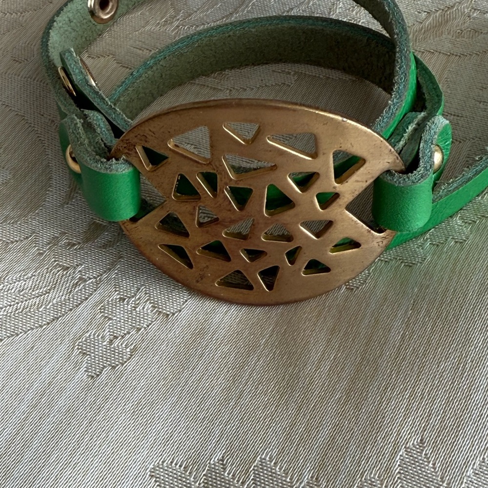Green Leather Wrap Bracelet with Gold Accents